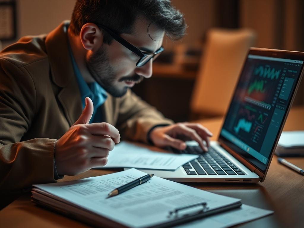 A hyper-realistic close-up shot of a focused investigator analyzing data on a laptop, surrounded by documents and a notepad filled with notes. The background is softly blurred, emphasizing the investigator's deep concentration. The lighting is warm, creating a professional atmosphere while highlighting the details of the laptop screen and documents. The image is shot with a 45mm f/1.2 lens style, ensuring clarity and depth of field.