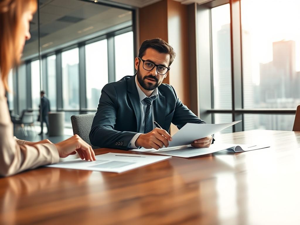 A focused and professional business meeting in a modern office environment. A consultant is seated at a sleek, polished wooden table, discussing compliance strategies with a client. The background shows a large window with a view of the city skyline. The lighting is warm and inviting, highlighting the professionalism and collaborative atmosphere. The consultant is holding a pen, pointing at documents spread out on the table, emphasizing the advisory process.