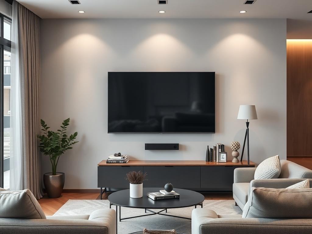 A high resolution image of a modern living room with