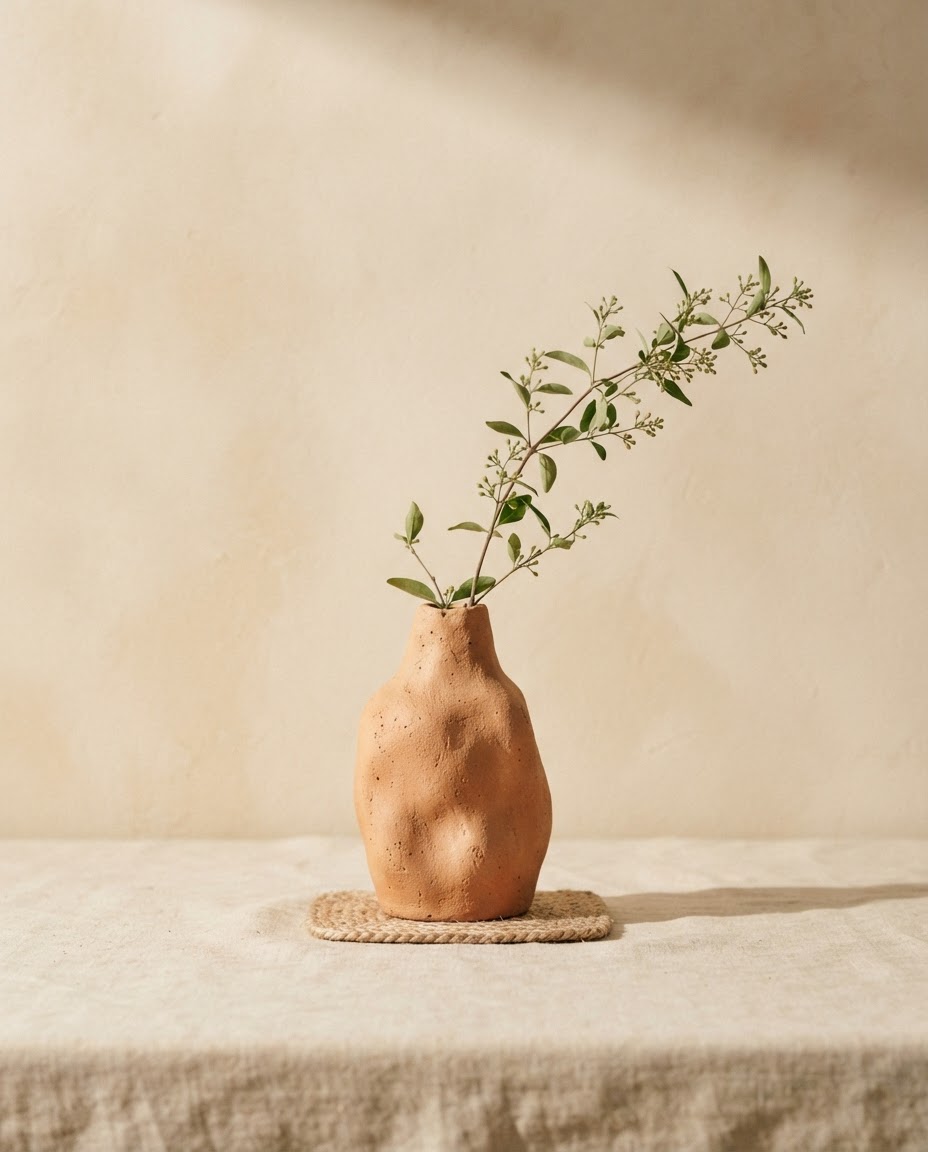 Sculptural terracotta bud vase with a leafy branch