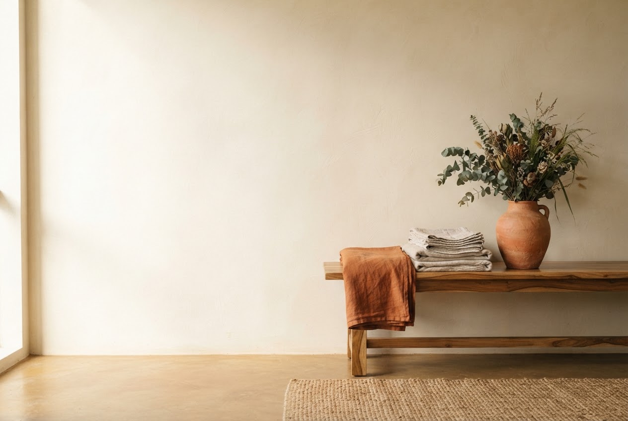 A sunlit home corner with artisan ceramics and softly folded natural textiles
