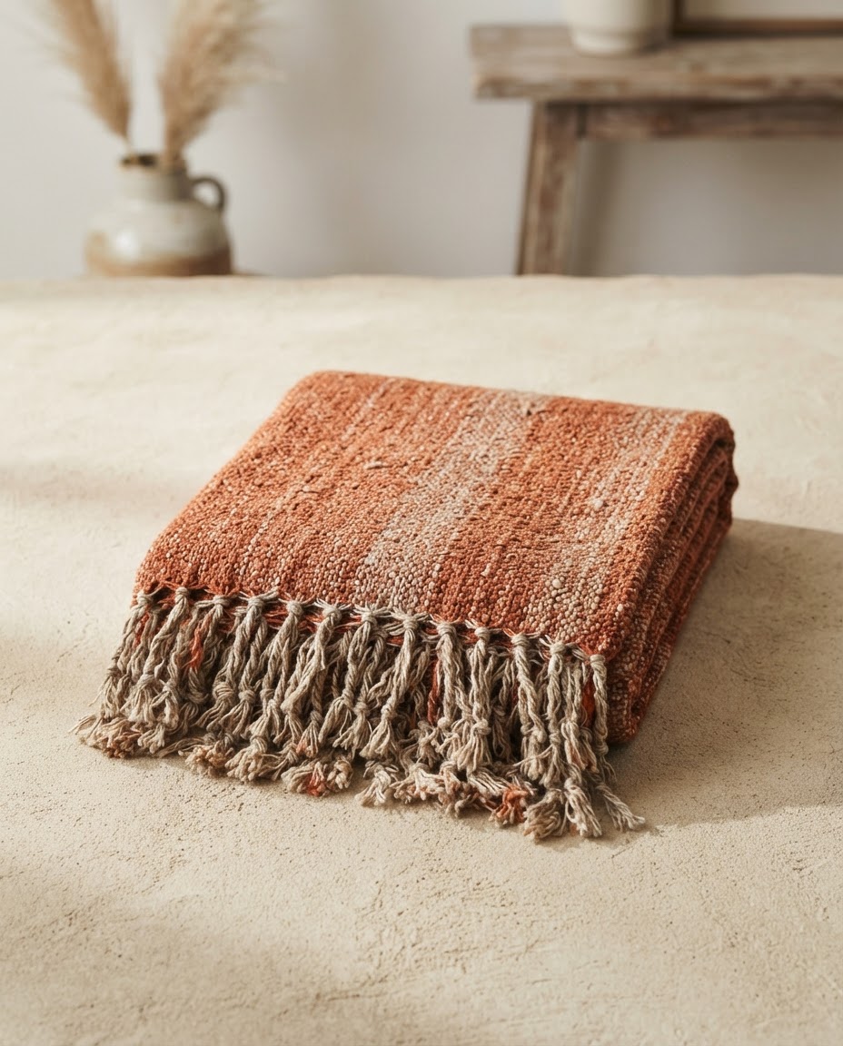 Folded rust and oatmeal handwoven cotton throw