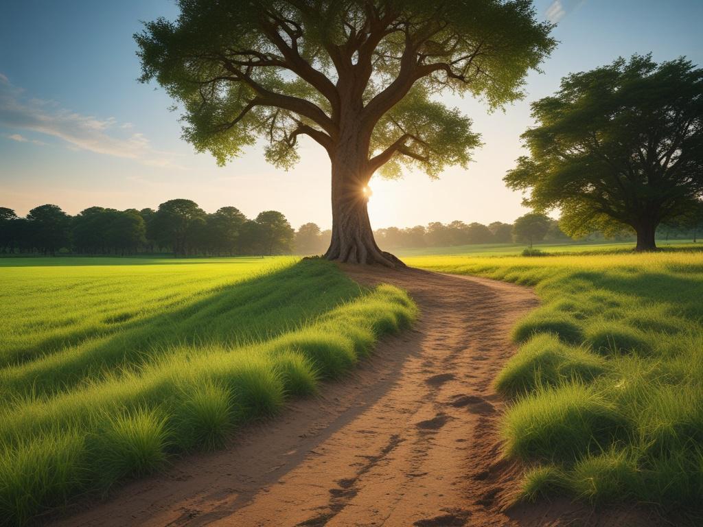 A serene landscape featuring a lush green field under a