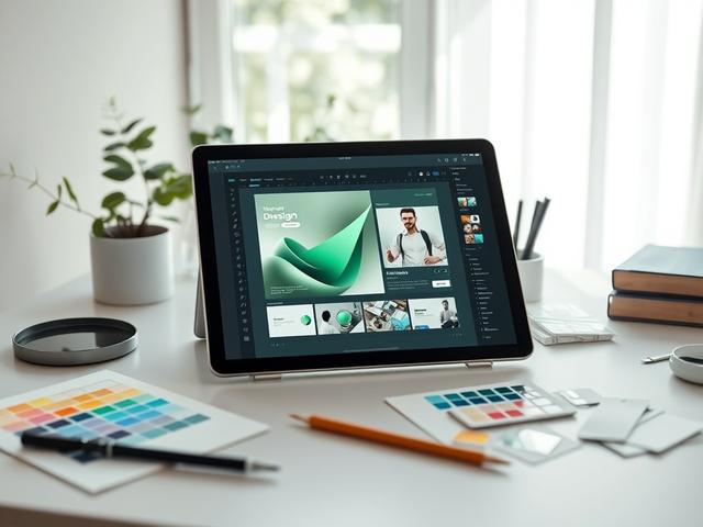 Create a realistic high-resolution image that encapsulates the concept of "The Art of Digital Design." The composition should be simple and clean, featuring a single subject: a sophisticated digital tablet or touchscreen device displaying a beautifully crafted digital design interface. The tablet should be positioned on a sleek, minimalist desk, showcasing an array of design tools and color palettes scattered around, including a stylus and small sketches. 

In the background, use soft-focus elements to port