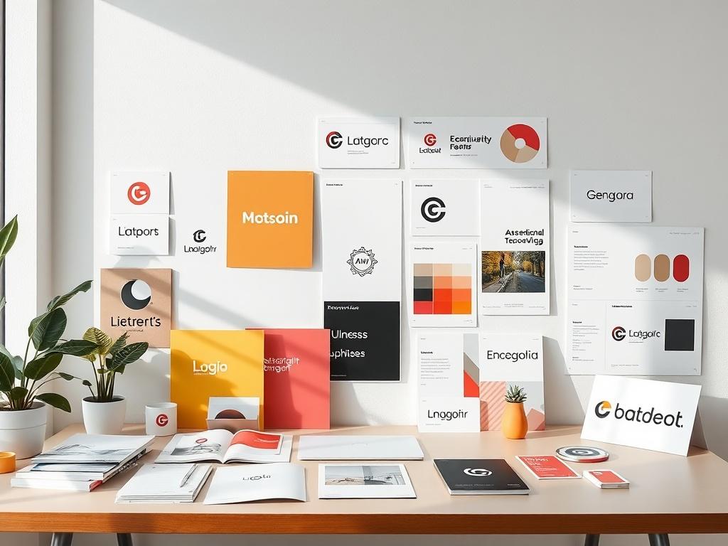 A creative workspace showcasing various brand identity materials, including logo