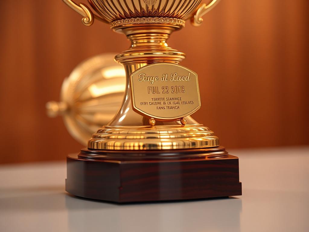A close-up, hyper-realistic photo of a beautifully crafted trophy resting on a sleek surface. The trophy features intricate detailing, shining metallic gold accents, and a polished wooden base. Shot with a 45mm f/1.2 lens style to emphasize sharpness and depth of field, focusing on the trophy's engravings. The background is softly blurred with a warm rgb(193, 153, 87) hue, enhancing the trophy's elegance and prominence, simple and clear composition with one subject.