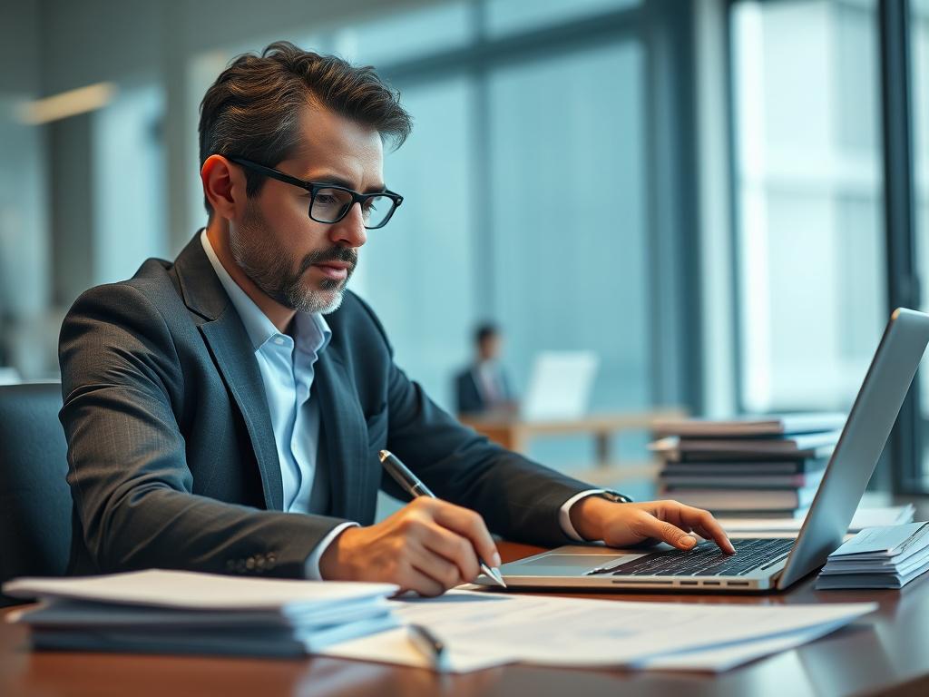 A close-up shot of a professional consultant sitting at a desk, reviewing financial documents with a laptop open, surrounded by stacks of papers and a pen in hand. The background is softly blurred, emphasizing the consultant's focused expression. Use a hyper-realistic style, shot with a 45mm f/1.2 lens. The color scheme should incorporate rgb(50, 170, 39).