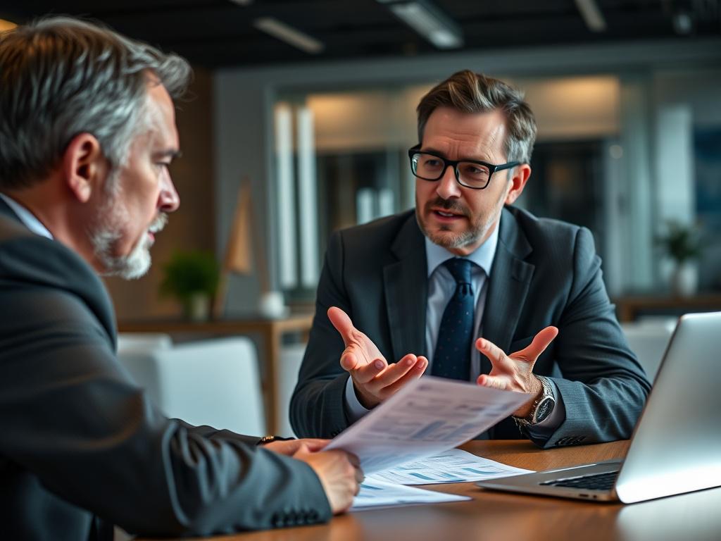 A close-up shot of a financial consultant in a modern office setting, engaged in a discussion with a client. The consultant is gesturing towards a financial report on the table, while the client listens intently. Use a hyper-realistic style, shot with a 45mm f/1.2 lens, with a background featuring a sleek office decor. The color scheme should include rgb(50, 170, 39).