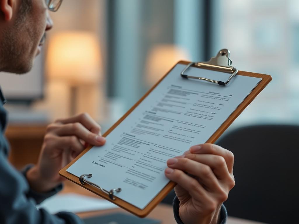 A close-up shot of a person holding a clipboard filled with documents, looking thoughtful while sitting at a desk. The background is softly blurred, highlighting the clipboard and the person's focused gaze. Capture the essence of determination in a hyper-realistic style, shot with a 45mm f/1.2 lens. The color scheme should include rgb(50, 170, 39).