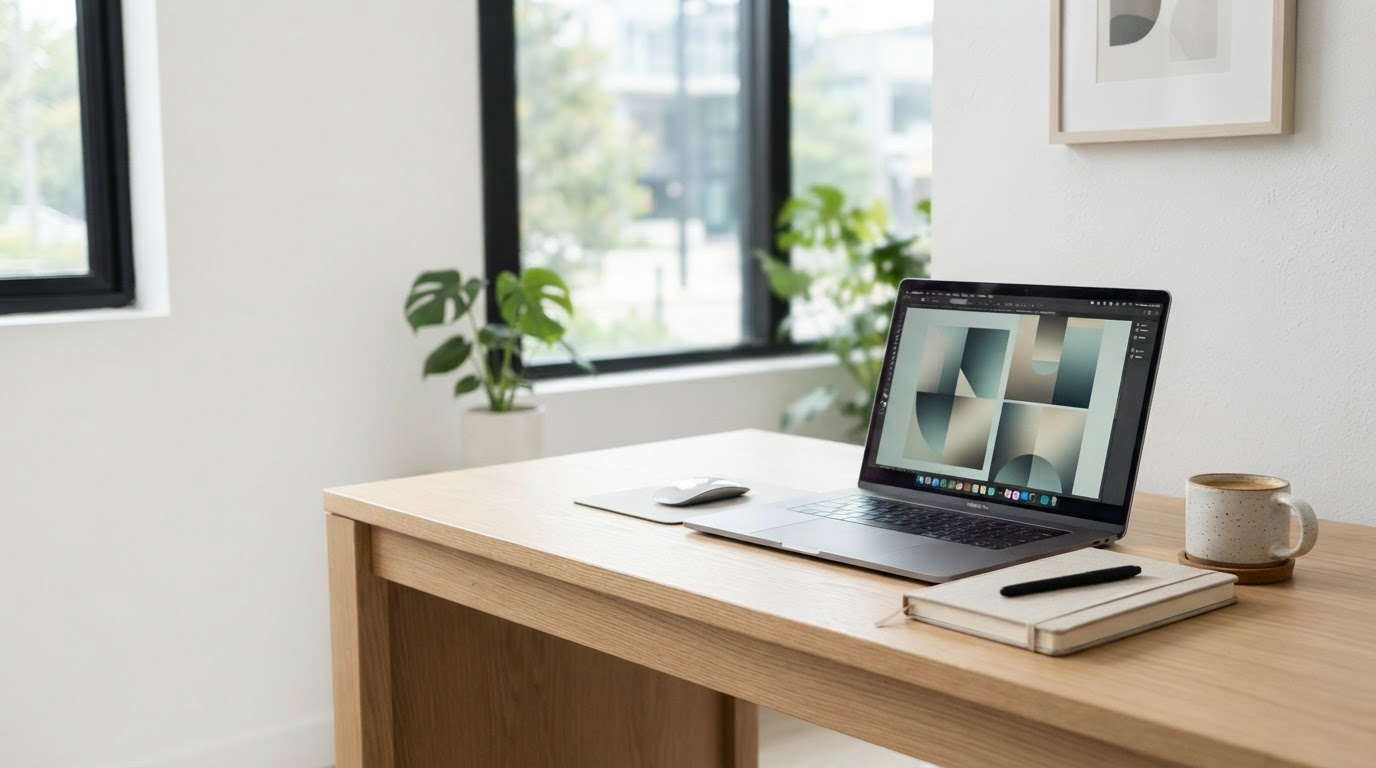 A bright, modern workspace with a laptop and design materials
