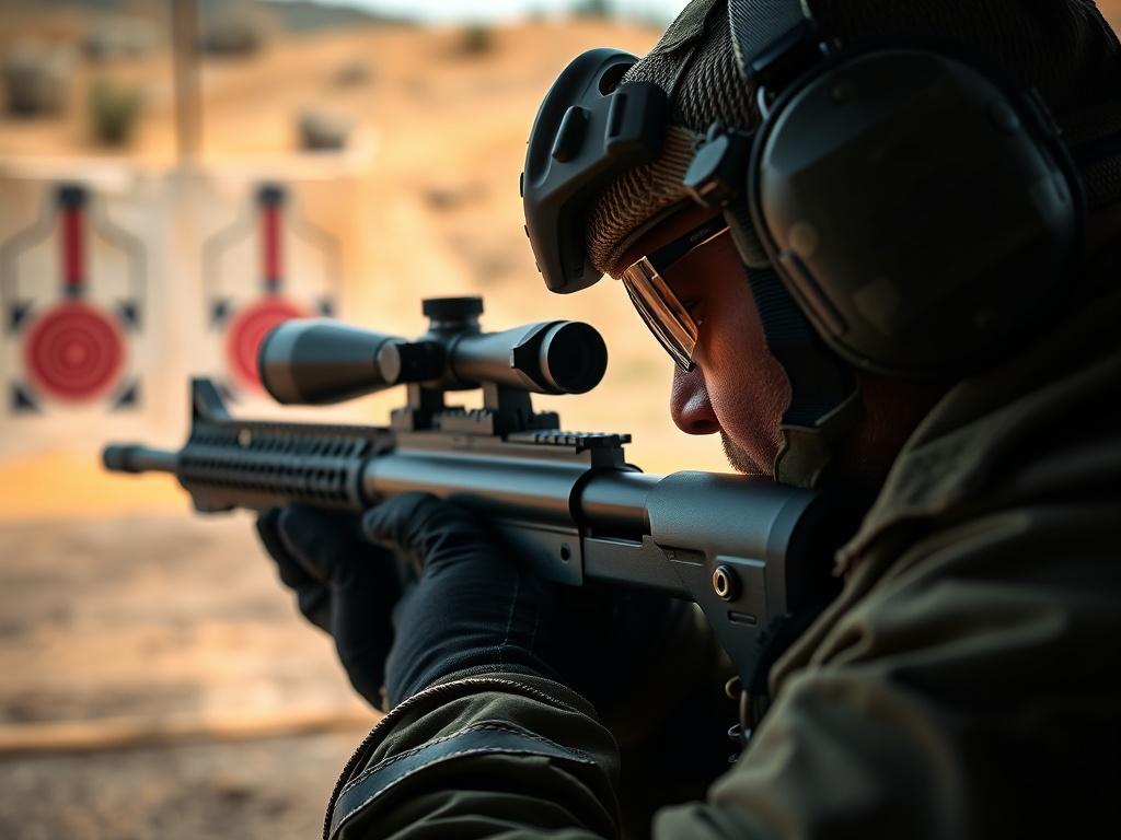 A highly detailed, hyper-realistic close-up of a sniper instructor demonstrating shooting techniques on a gun range. The instructor is wearing tactical gear, focusing intently on a target in the distance. The background features blurred shooting targets and an open range setting, with natural light highlighting the instructor's concentration and professionalism. The image conveys a sense of precision and skill, shot with a 45mm f/1.2 lens.