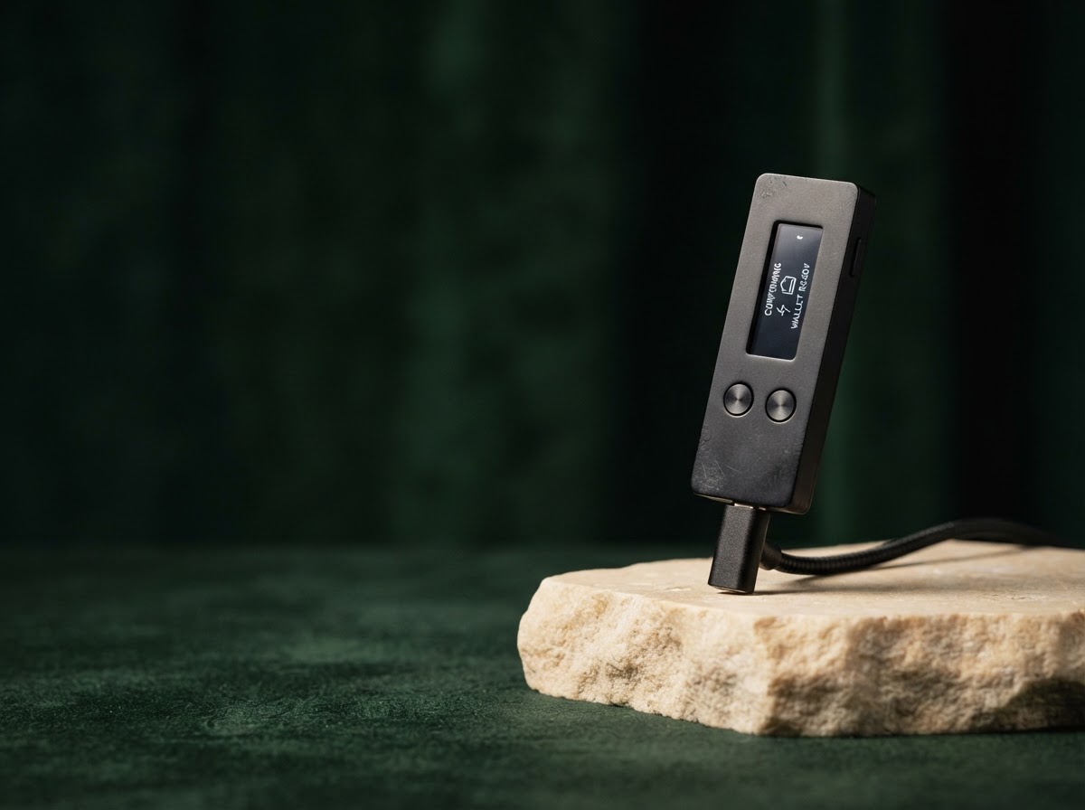 Matte black hardware wallet on a stone plinth against a forest green background