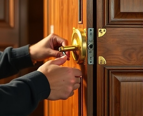 Door lock repair technician at work