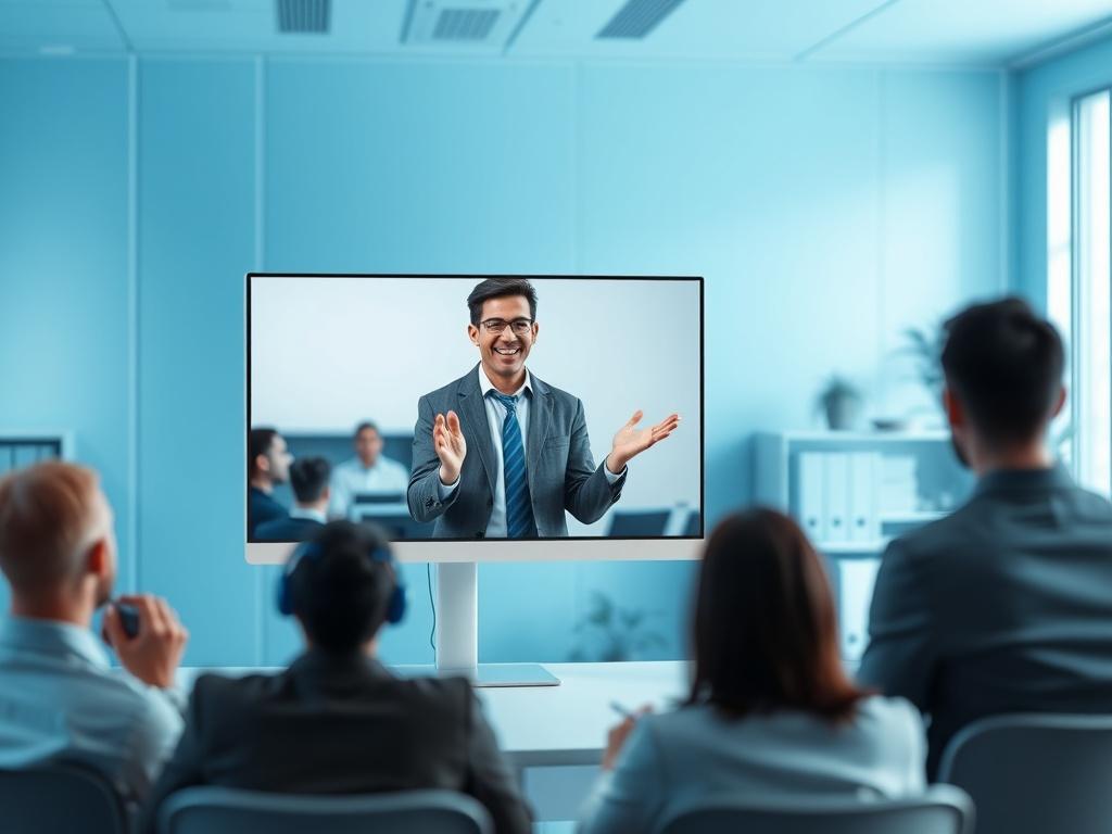 A realistic high-resolution photo of a professional online workshop setting featuring a single trainer engaging with a virtual audience through a computer screen. The background should be a sleek, modern office with bright lighting and a gradient blue color palette. The trainer should be animated and enthusiastic, wearing business casual attire, with a welcoming expression. The composition should be simple and focused, showcasing the trainer as the main subject.