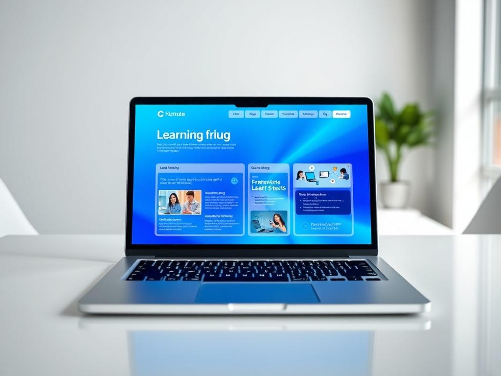A sleek and contemporary digital learning platform interface on a laptop screen, showcasing vibrant blue gradient colors. The background should be bright and professional, with a focus on user-friendly navigation and engaging content display. The laptop is positioned on a modern desk with soft lighting, emphasizing a polished and inviting atmosphere for online learning.