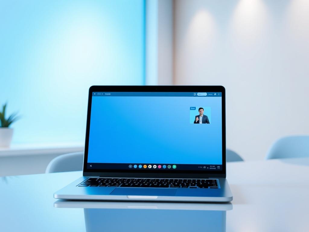 A sleek and contemporary setup in a bright room featuring a modern desk with a laptop open, displaying a webinar interface. The background should be softly blurred to emphasize the laptop and the vibrant blue gradient color palette. The lighting is bright and professional, creating an inviting atmosphere for online learning. The overall composition should be clean and focused on the laptop as the main subject.