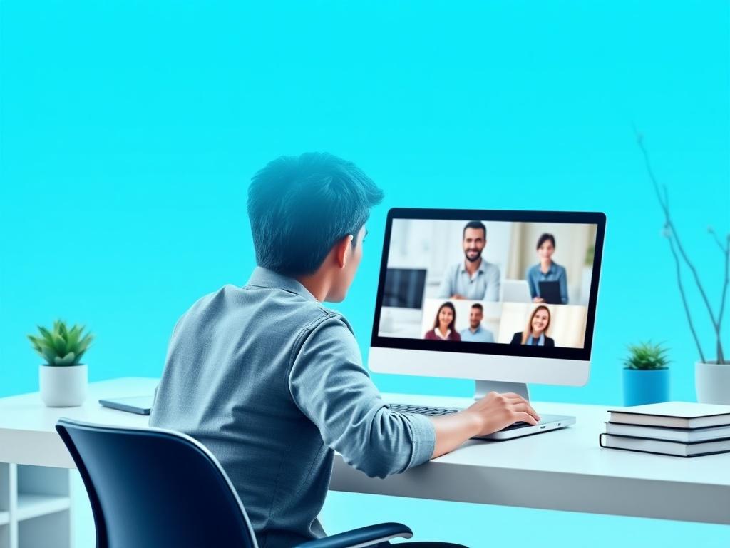 A sleek and contemporary design featuring a high-resolution image of a student engaged in a blended learning session. The student should be sitting at a modern desk with a laptop open, displaying a video call interface with a trainer. The background should be bright and airy, with elements that suggest a learning environment, such as books and a plant. The color palette should incorporate gradient blue tones for a polished, professional finish.