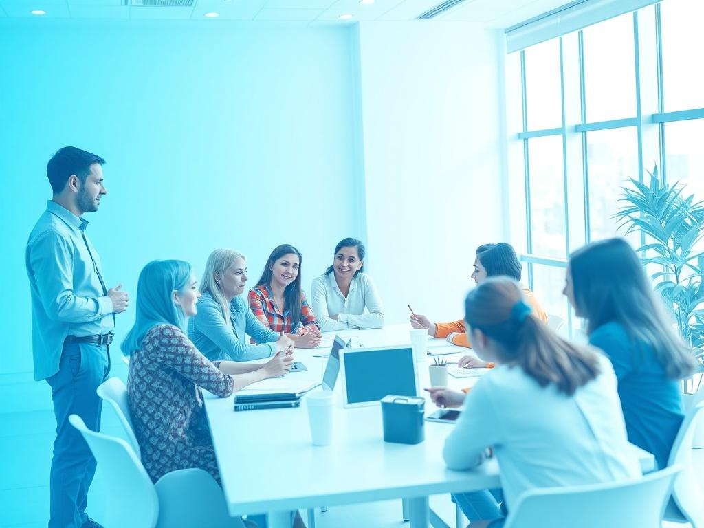 A realistic high-resolution photo of a group of diverse adults engaged in a face-to-face workshop setting. The scene should capture a bright, well-lit room with modern decor, featuring a trainer standing at the front, interacting with participants seated around a large table. The participants are actively discussing and taking notes, showcasing a collaborative learning environment. The color palette should include a gradient of blue tones, creating a professional and polished atmosphere.