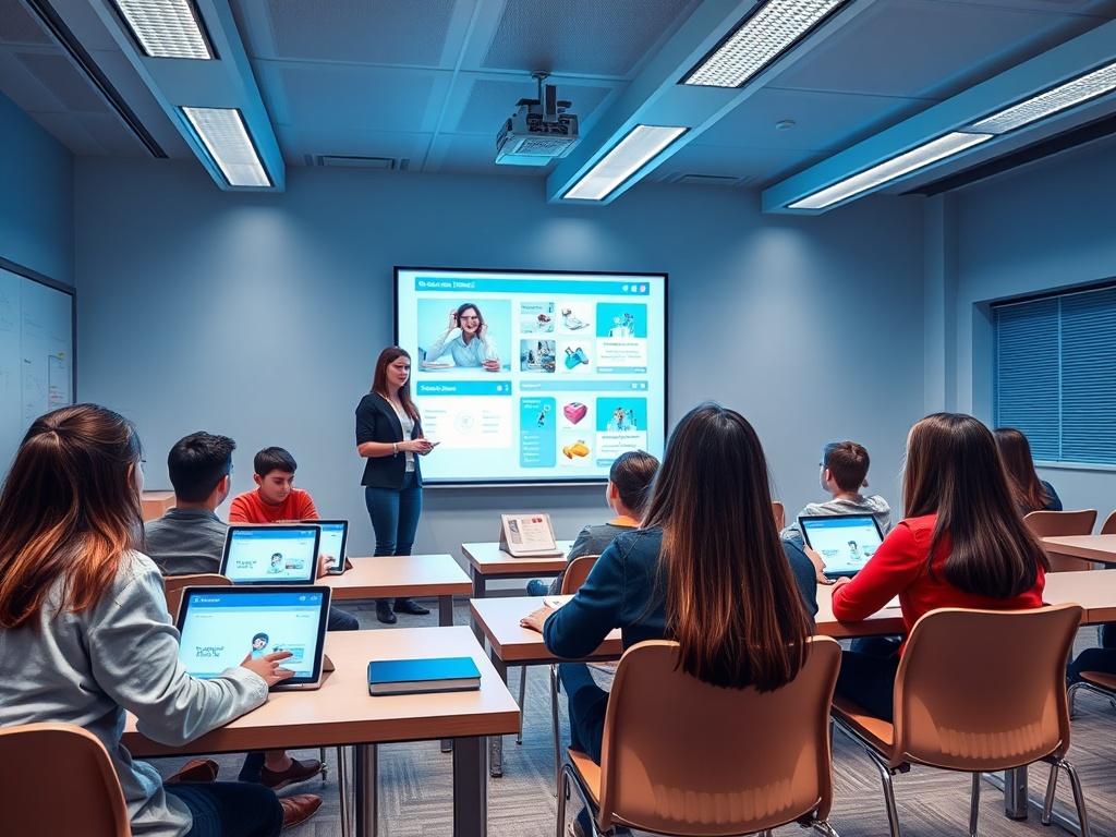 A realistic high-resolution photo of a modern classroom setting featuring a teacher engaging with students using digital resources. The classroom should have contemporary furniture, bright lighting, and a large screen displaying educational content. Students should be actively participating in group discussions, showcasing a collaborative learning environment. The color palette should include gradient blue tones for a professional and polished finish.