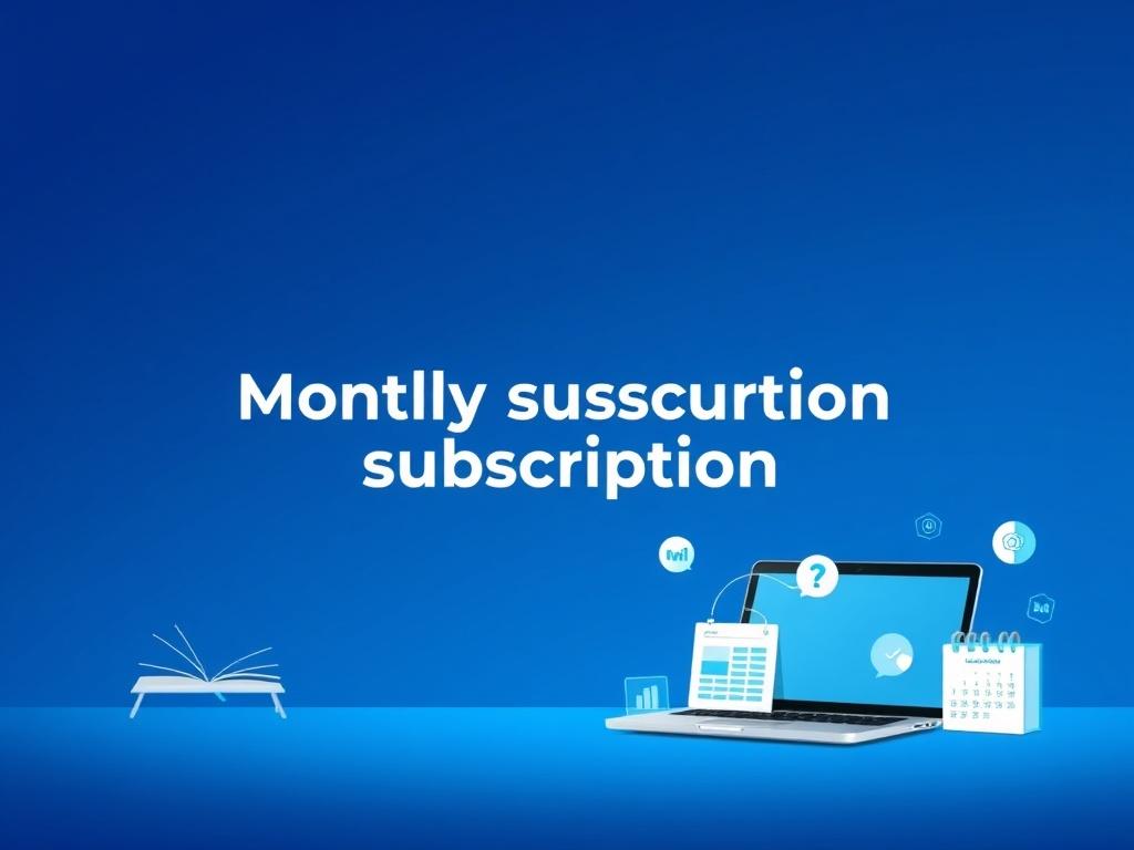 A sleek and modern design featuring a blue gradient background, highlighting the concept of monthly subscription access. The image should include elements representing digital learning and education, such as icons of books, laptops, and a calendar, all in a professional and polished style.