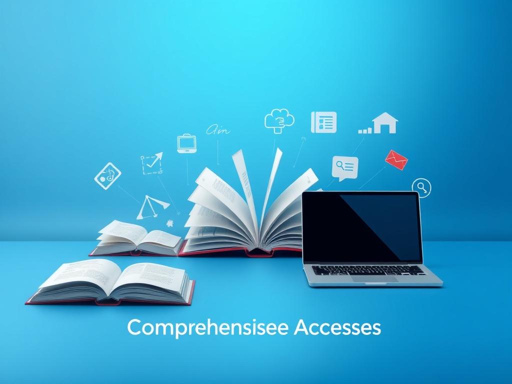 A visually compelling image with a blue gradient background, symbolizing comprehensive access to educational resources, featuring elements like open books, laptops, and a timeline, all in a sleek and modern style.