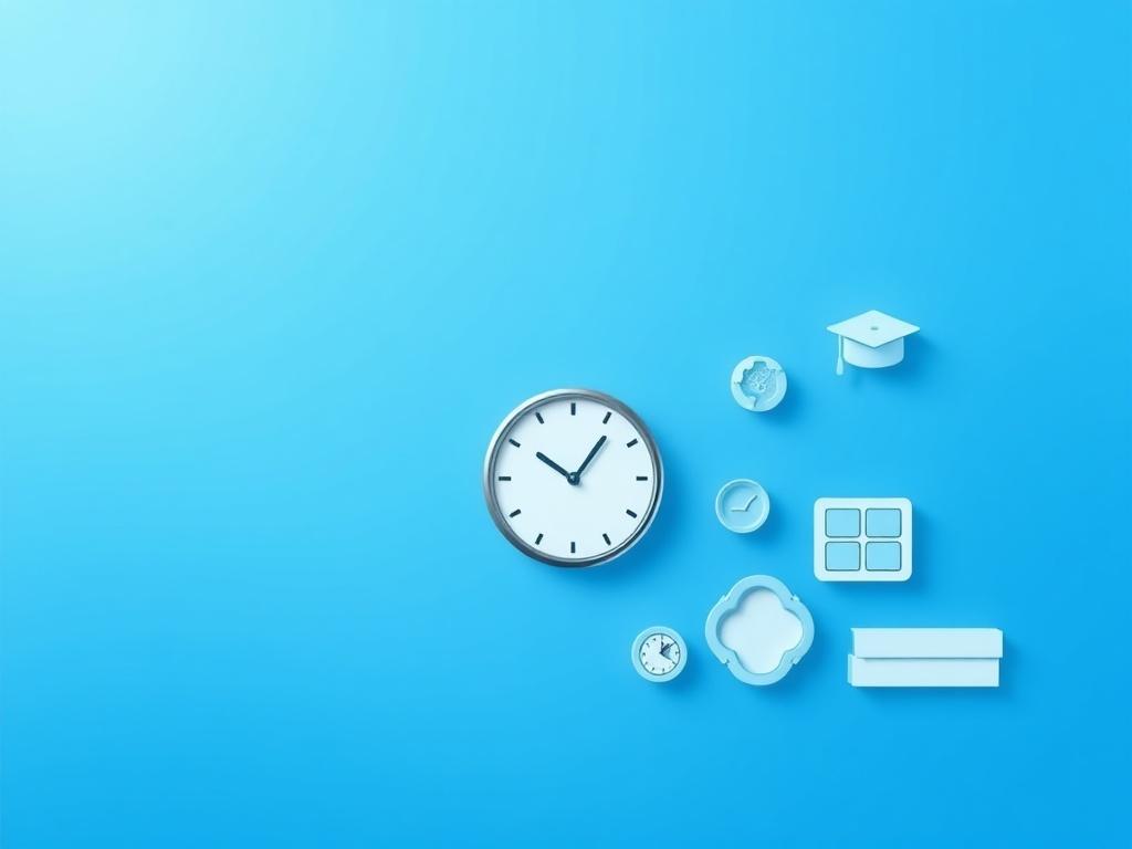 An engaging design showcasing a blue gradient background with elements symbolizing long-term learning commitment, such as a clock, graduation cap, and workshop icons, all presented in a contemporary and professional manner.