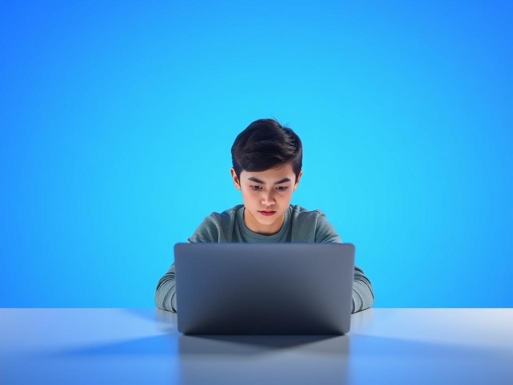 A sleek and contemporary digital learning environment showcasing a single student engaged in microlearning on a laptop. The background should feature a vibrant gradient blue color palette with bright lighting, emphasizing a professional and polished atmosphere. The student should be focused and visibly engaged with the interactive content displayed on the screen, surrounded by subtle elements representing technology and education.