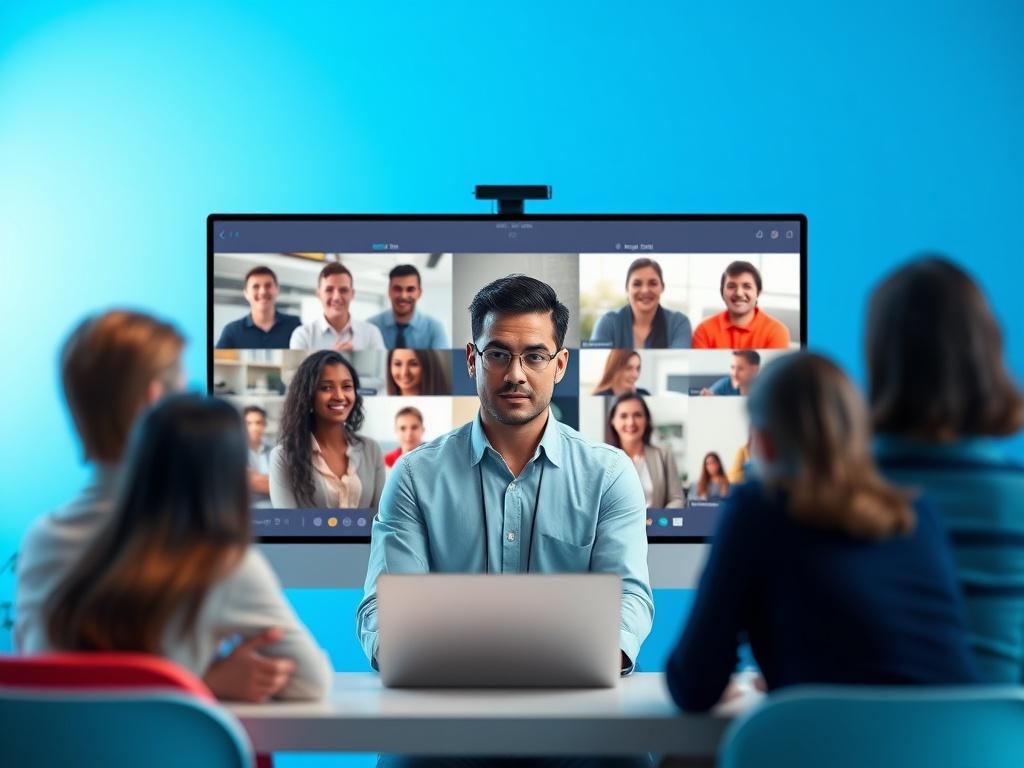 A sleek and contemporary online workshop setting featuring a diverse group of people participating in a live online session. The background should display a modern interface on a computer screen, with bright lighting and a gradient blue color palette. The scene should convey energy and engagement, with participants actively discussing and interacting. Focus on a single trainer leading the session, emphasizing professionalism and a polished finish.