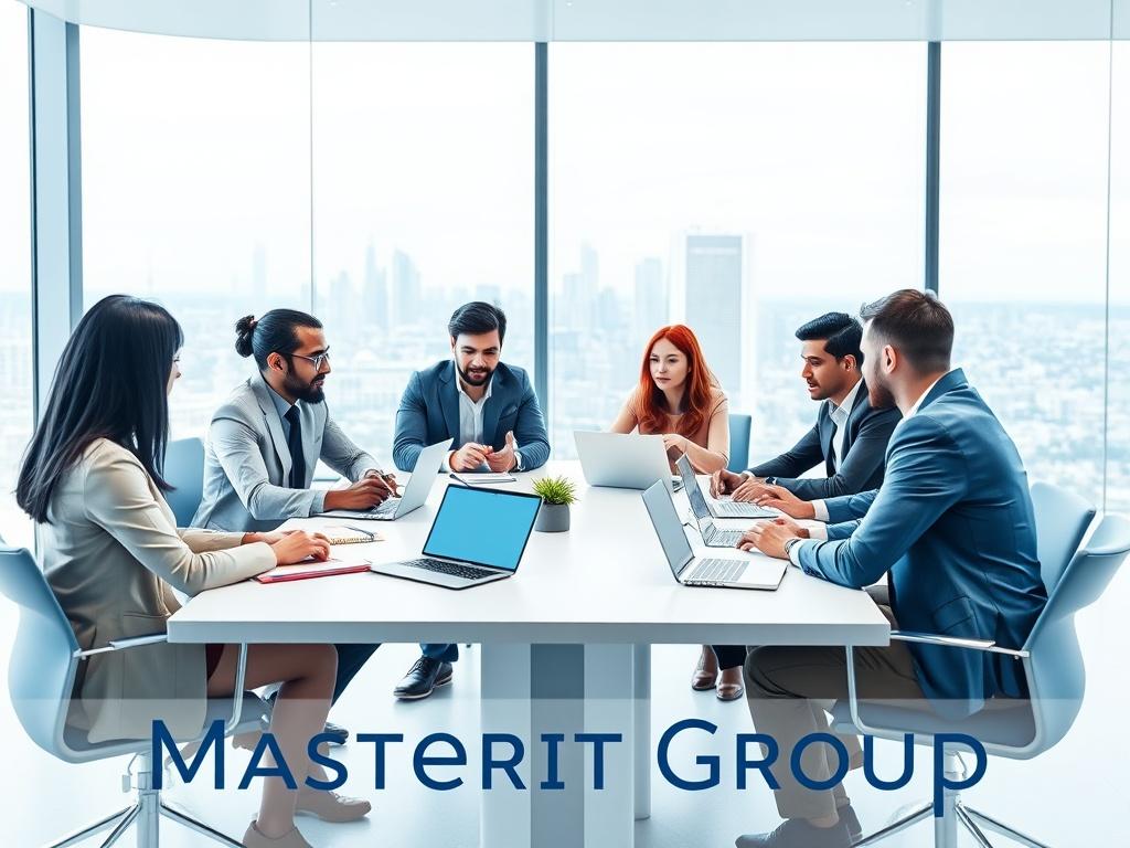 A realistic high-resolution photo of a diverse group of professionals engaged in a mastermind group meeting. The setting is a modern, well-lit conference room with a large table, notebooks, and laptops spread out. The participants are actively discussing and collaborating, showcasing a dynamic and engaging atmosphere. The background features large windows with a view of a city skyline. The color palette includes a gradient of blue shades, maintaining a professional and polished look.
