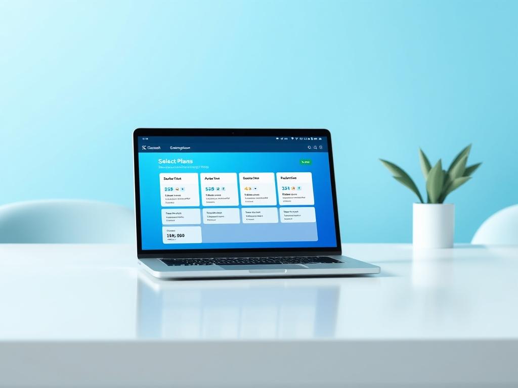 A sleek and contemporary design featuring a gradient blue color palette, bright lighting, and a professional, polished finish. The image should depict a modern workspace with a laptop open, displaying a digital interface for selecting subscription plans, with an emphasis on user engagement. The background should be minimalistic, enhancing the focus on the laptop and the vibrant colors.