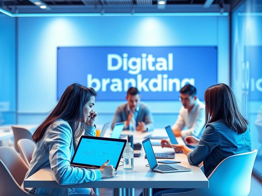 A stylish and modern image showcasing a digital branding workshop with participants brainstorming ideas. The setting should be bright and engaging, featuring digital devices and branding materials. The background should reflect a gradient blue color palette, emphasizing a professional and innovative atmosphere.