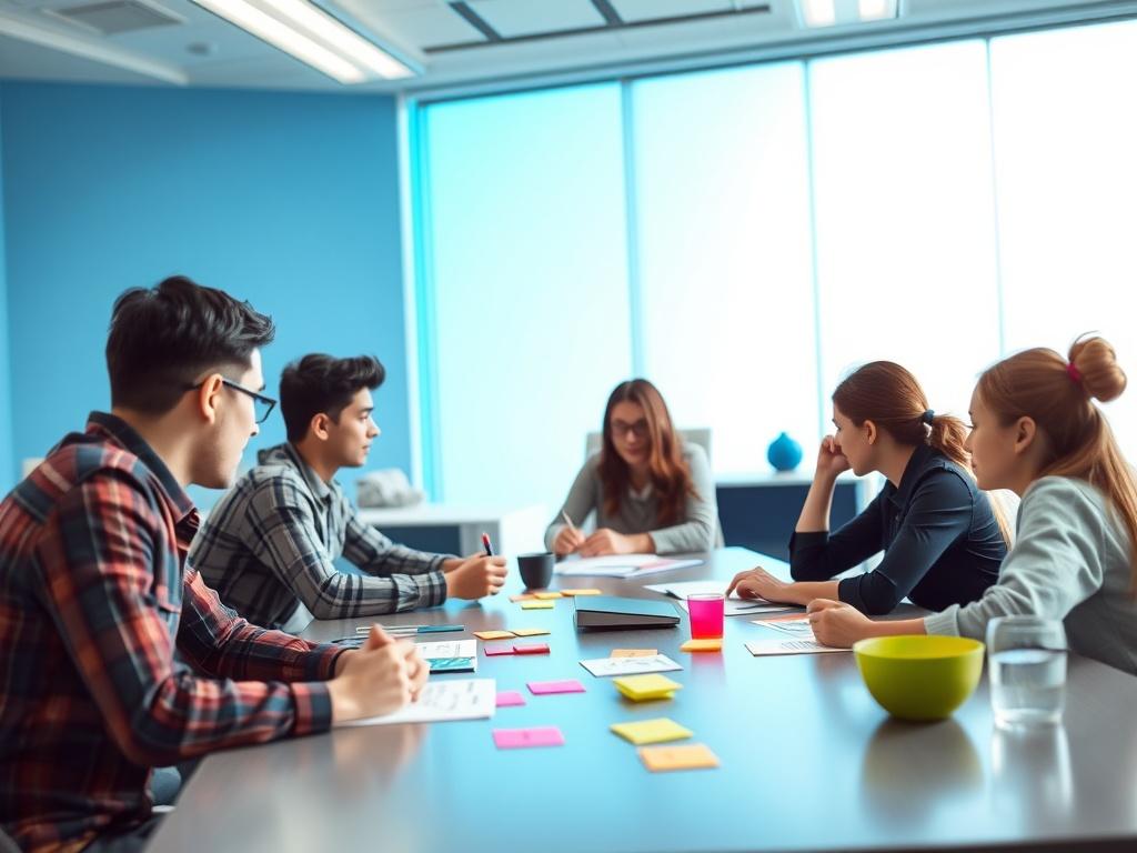 A modern and vibrant image of a classroom setting with students actively engaging in a design thinking workshop. The environment should be bright, with a focus on collaboration and creativity. Include colorful sticky notes and brainstorming materials, with a blue gradient backdrop enhancing the professional feel.