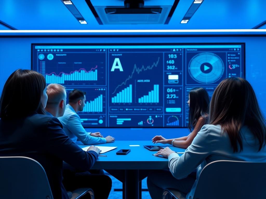 A sleek and contemporary image of a virtual workshop environment showcasing participants engaged in learning about AI. The background should feature a modern digital interface with graphs and AI-related visuals. The lighting should be bright and inviting, with a gradient blue color palette, emphasizing a professional atmosphere.