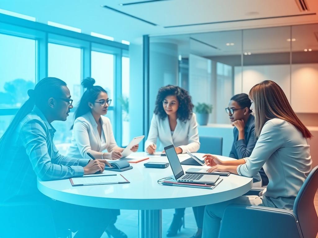 A realistic high-resolution photo of a diverse group of professionals engaged in an interactive action learning workshop. The setting should be modern and sleek, featuring a bright, well-lit conference room with large windows. The group consists of five people of different ethnicities and genders, actively discussing and collaborating around a table filled with notebooks and laptops. The background should have a contemporary design, showcasing a gradient blue color palette and professional decor.