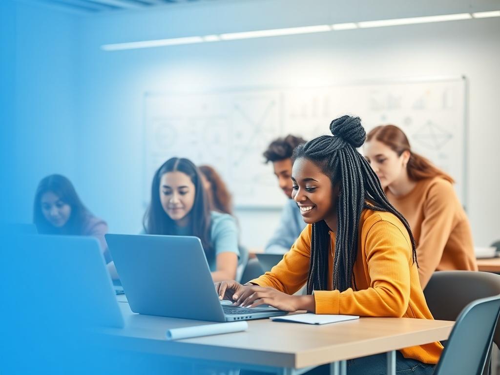 A realistic and high-resolution image of a diverse group of students engaged in a modern, bright classroom during a coding bootcamp. The students, a mix of genders and ethnicities, are focused on laptops, collaborating on a project with a whiteboard filled with diagrams in the background. The setting is vibrant, well-lit, and showcases a sleek, contemporary design with a gradient blue color palette.
