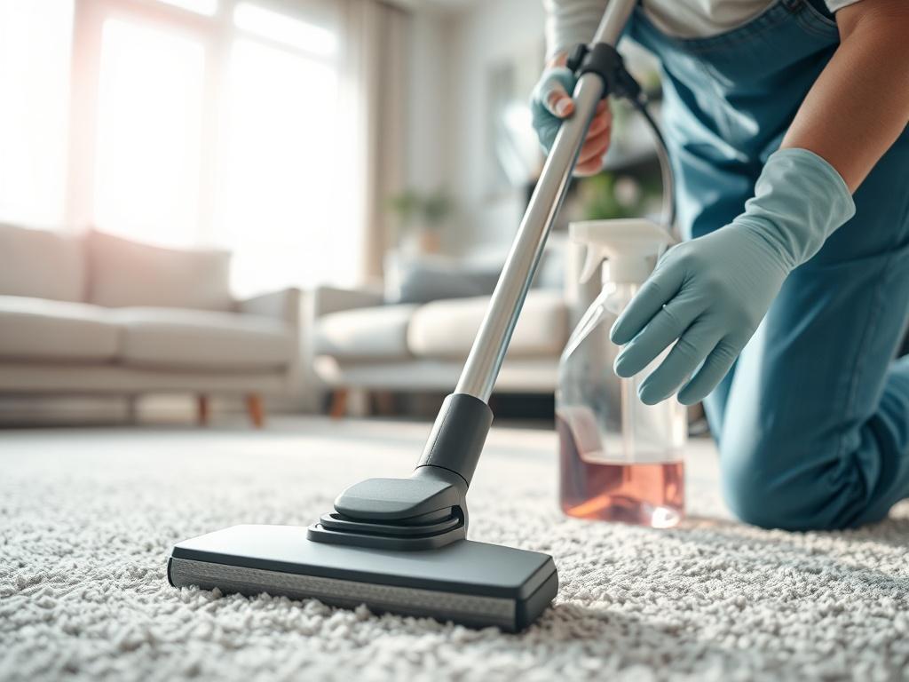A hyper-realistic close-up shot of a professional cleaner using eco-friendly products to clean a carpet. The background features a clean, bright living room with natural light streaming in. The focus is on the cleaner's hands and the cleaning equipment, emphasizing attention to detail and cleanliness. The color scheme should harmonize with the primary color rgb(193, 153, 87).