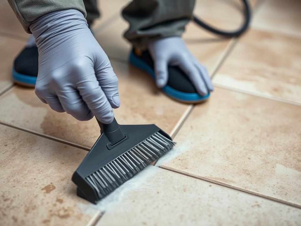 A close-up image of a technician cleaning tile and grout, focusing on the transformation of the grout lines from dirty to clean. The image should highlight the contrast in color, showcasing the effectiveness of the cleaning process. The background should be a tiled floor, slightly blurred to keep emphasis on the cleaning action.
