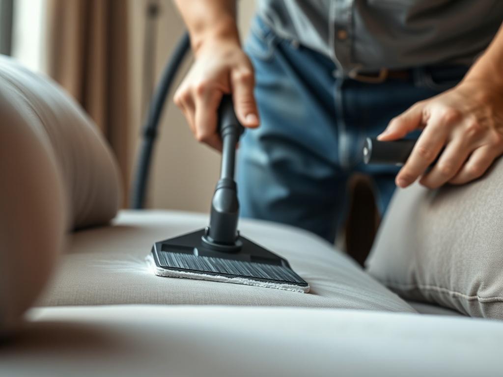 A close-up shot of a technician cleaning a sofa, showcasing the cleaning tool in action and the plush fabric of the upholstery. The background should be softly blurred, emphasizing the detail and texture of the fabric being cleaned. The lighting should evoke a sense of cleanliness and comfort.