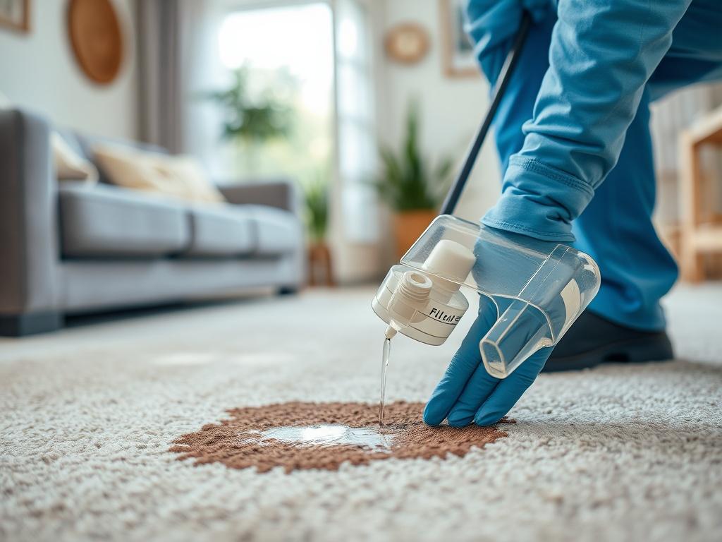 A close-up image of a technician treating a pet stain on a carpet, showing the cleaning solution being applied to the stained area. The focus should be on the stain and the technician's careful approach, with a blurred background of a cozy living room setting, representing a pet-friendly home.