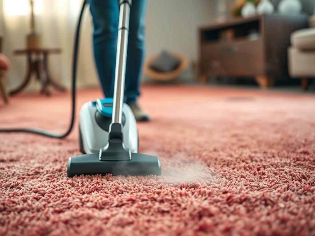 A close-up shot of a professional cleaner using a steam cleaner on a plush carpet, showcasing the effectiveness of carpet cleaning. The background should be softly blurred, highlighting the cleaner's focused expression and the vibrant colors of the carpet. Use warm, inviting lighting to create a welcoming atmosphere. Ensure the image captures the texture of the carpet and the steam rising from the cleaning process.