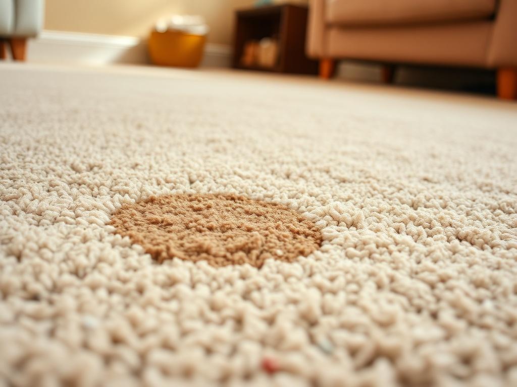 A close-up shot of a clean, freshly cleaned carpet with a focus on a specific area where a pet stain has been removed. The carpet should appear vibrant and spotless, showcasing the effectiveness of the cleaning process. The background should be softly blurred to emphasize the cleanliness of the carpet, using warm, inviting tones that complement the primary color rgb(193, 153, 87). The lighting should be bright and natural, highlighting the texture of the carpet.