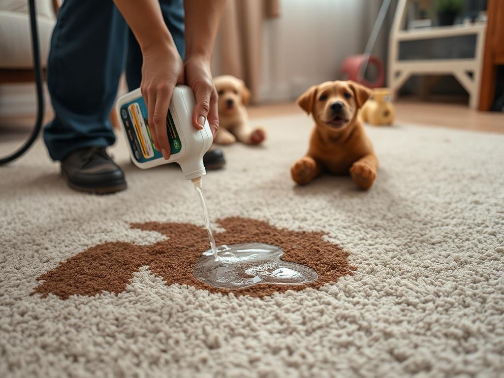 A close-up shot of a carpet being treated for pet stains, highlighting a professional cleaner applying a stain removal solution. The image captures the action of the cleaning process, with a few pet toys in the background, indicating a pet-friendly environment.