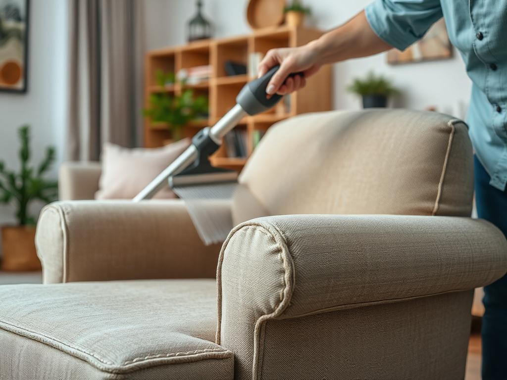 A close-up shot of an upholstered chair being cleaned, showcasing a professional cleaner using an upholstery cleaning machine. The focus is on the fabric, highlighting the before-and-after difference. The background is a cozy living room setting, enhancing the inviting atmosphere.