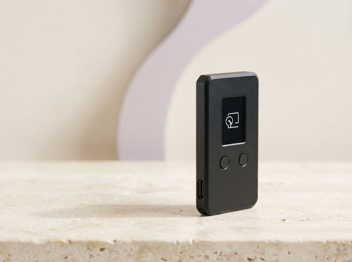 A compact black hardware wallet device on a softly lit studio surface