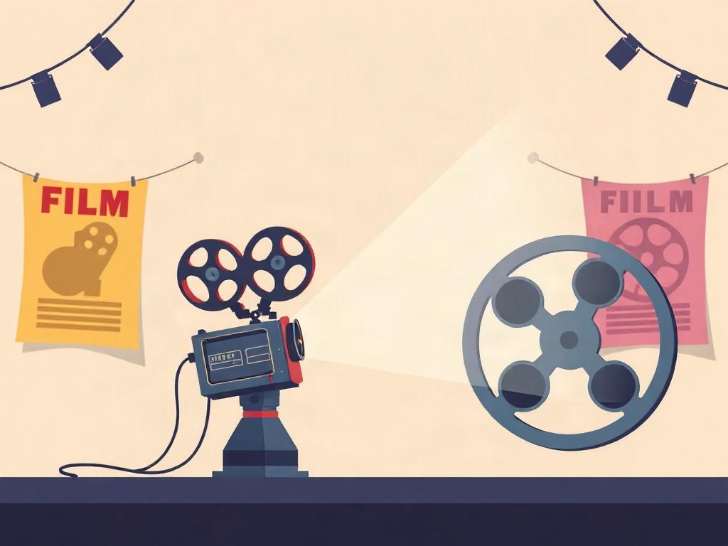 A film festival scene with a film reel and colorful film posters in the background. The focus is on a vintage film projector casting light, symbolizing the celebration of cinema. The setting should be simple and engaging, with pastel colors to create a warm atmosphere.