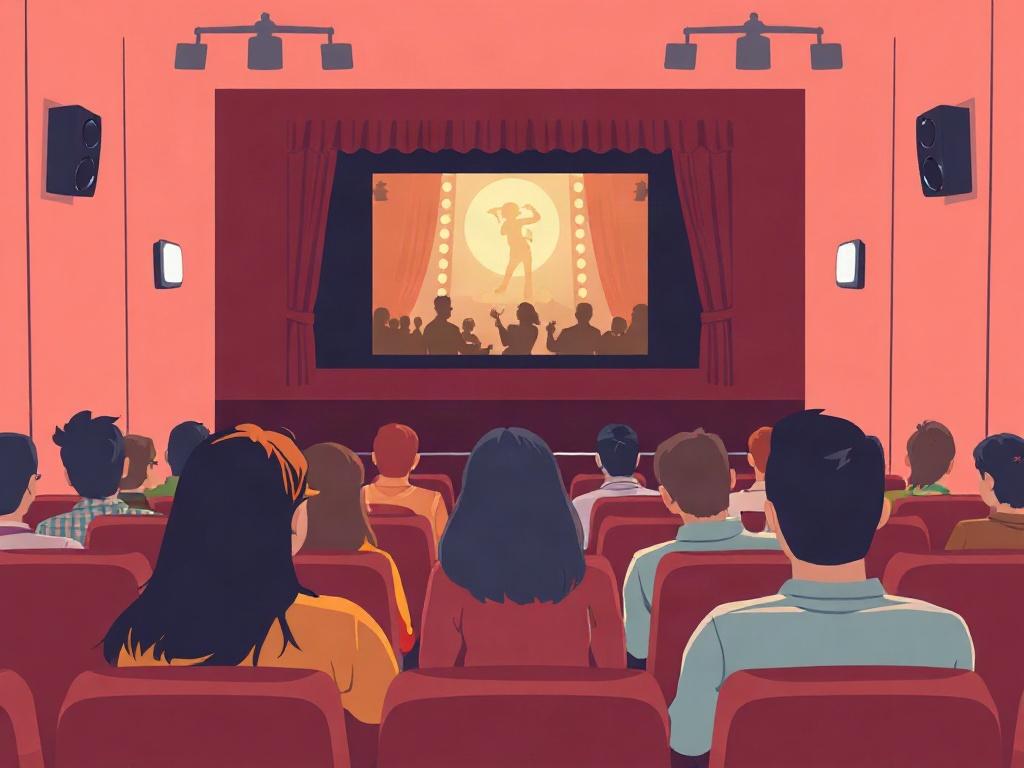 A cozy cinema setting with people sitting in a theater, watching a film. The focus is on the screen displaying a classic movie scene, with soft lighting and pastel colors to evoke a warm and inviting atmosphere.