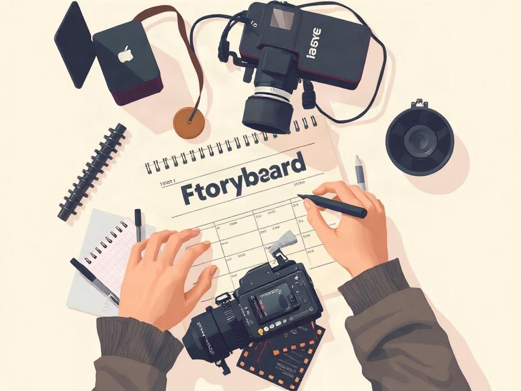 A close-up of a filmmaker's hands working on a storyboard, surrounded by film equipment and notes. The background should be soft and minimalistic, highlighting the creativity involved in independent filmmaking, with pastel colors for a calming effect.