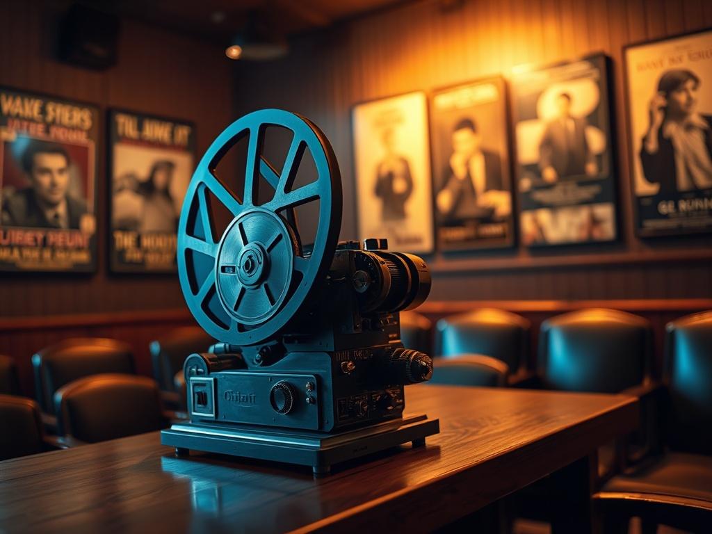 Create a realistic high-resolution photo that captures the essence of a cinematic celebration for the blog titled "Gloriafilm Festival: Celebrating Cinema." The image should feature a single subject: a classic vintage film projector, elegantly displayed in a dimly lit setting. The projector should be placed on a polished wooden table, highlighting its intricate details and metallic shine. 

The background should be softly blurred, depicting a cozy, intimate film screening room with vintage film posters ador