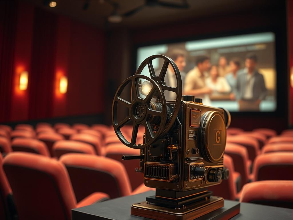 Create a highly realistic high-resolution photo featuring a classic film projector as the main subject, beautifully designed and polished to reflect its vintage charm. The projector should be positioned in the foreground at an angle, allowing for a clear view of its intricate mechanisms and rich textures. In the background, softly blurred, depict a cozy, dimly lit cinema environment with plush velvet seats and a large screen displaying glimpses of independent film scenes, showcasing diverse characters and s