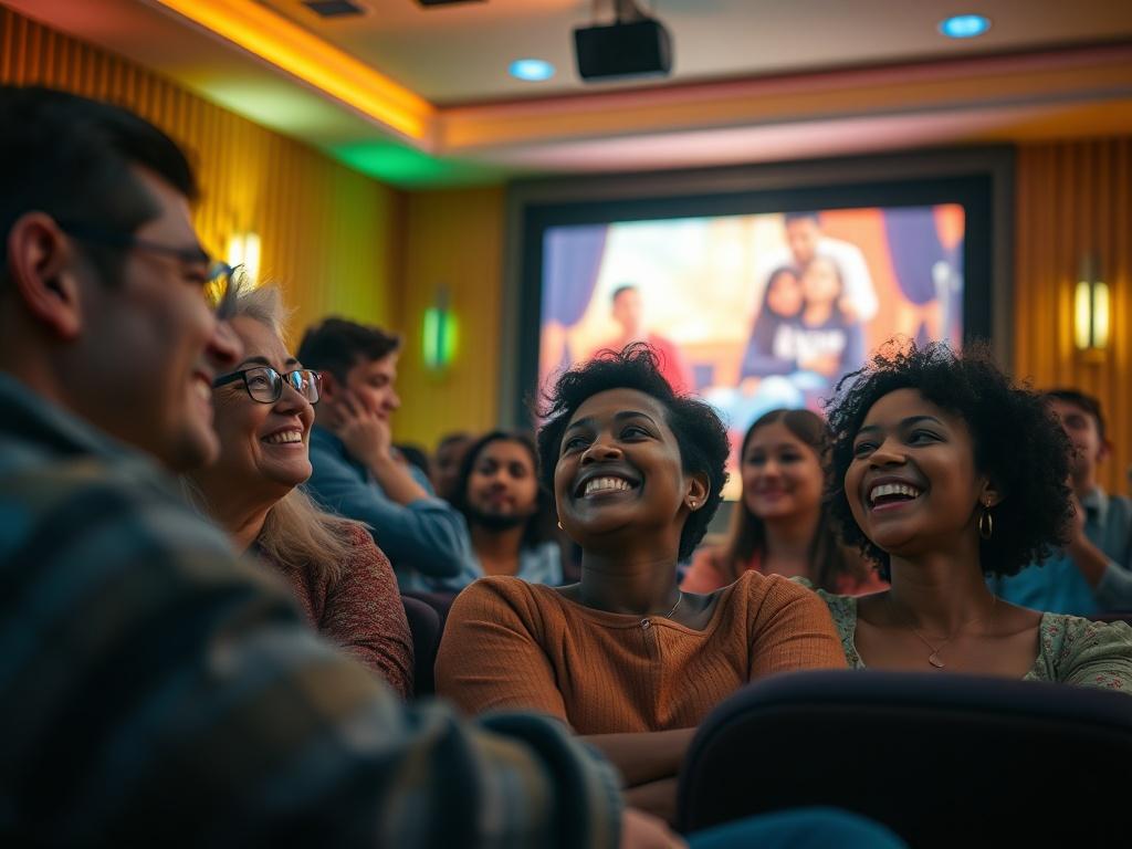 A vibrant film screening event with people of diverse backgrounds engaged in watching a movie. The setting is a cozy theater with a large screen displaying a colorful film scene. The ambiance is warm and inviting, with soft lighting and comfortable seating. The audience shows a range of emotions, reflecting joy, laughter, and contemplation. The image captures a close-up of the engaged audience, showcasing their expressions while the background features the illuminated screen. The photo has a hyper-realistic